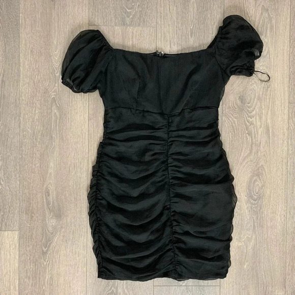 Lioness Mini Dress Black Ruched Gathered Off Shoulder puff Sleeve Size Medium - Picture 2 of 12